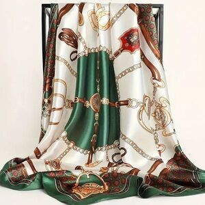 35.43" Vibrant Chain Printed Square Scarf - Stylish Thin Satin Shawl